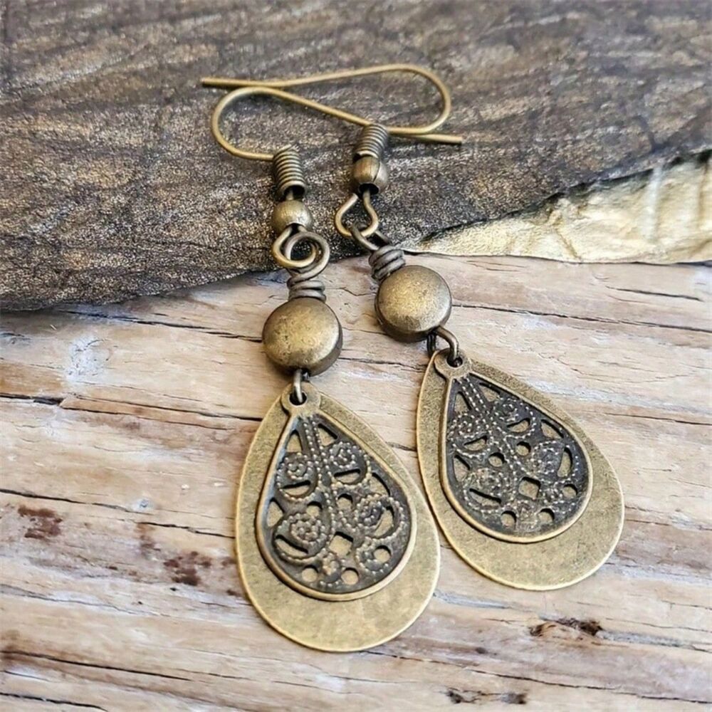 Antique Brass Teardrop Dangle Earrings Textured Pendnt Drop Filigree Charm Boho